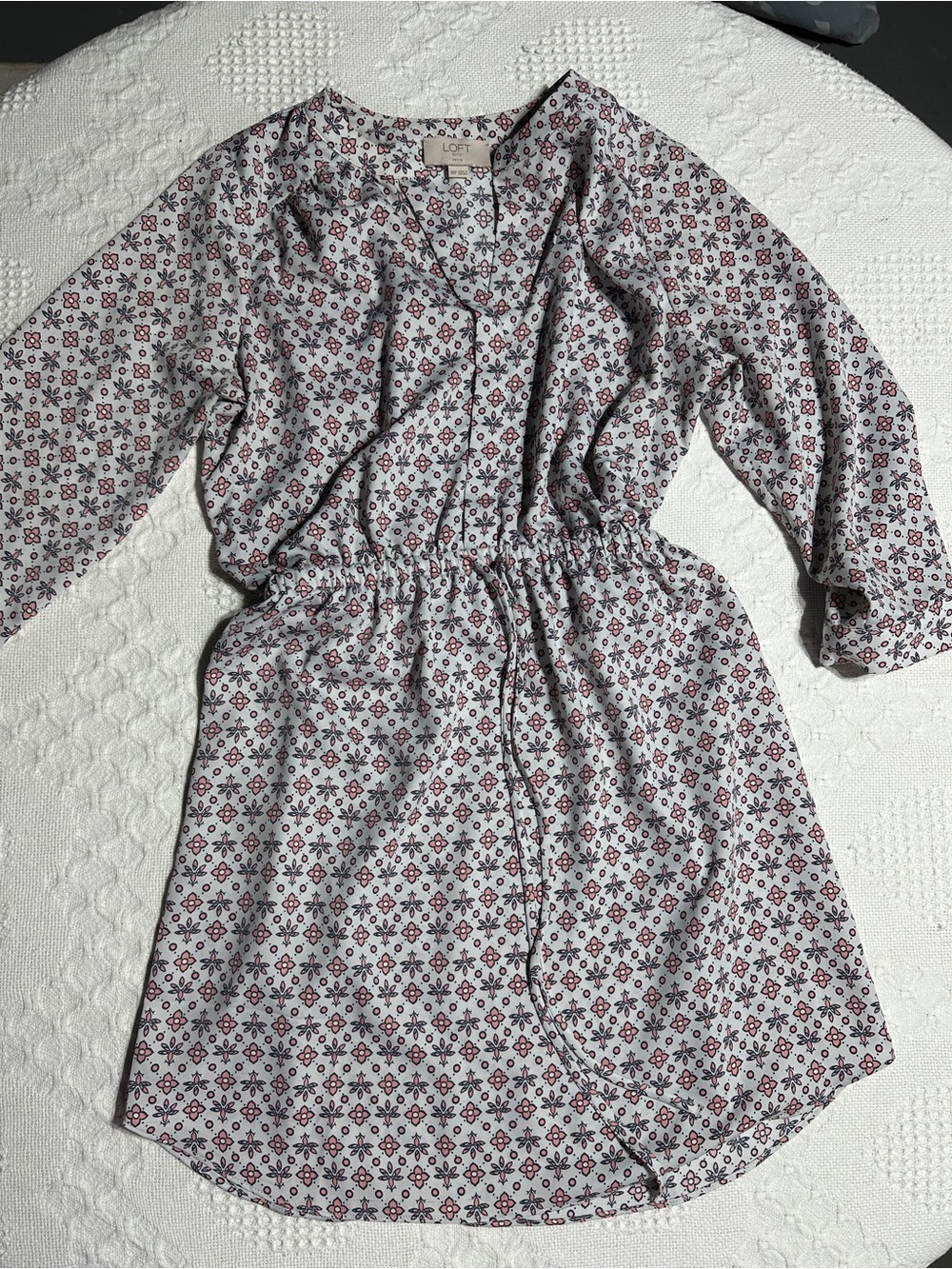 LOFT outlet petite light silver blue Dress with pink Floral Medallions - XSP